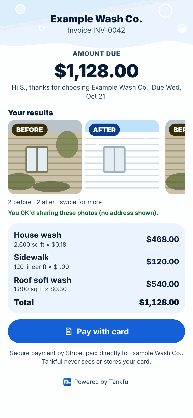 Tankful early preview: client invoice with before and after photos and a Pay with card button